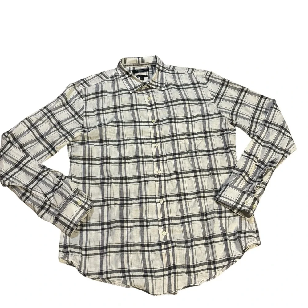Banana‎ Republic Linen Camden Fit Button Up Shirt Black White Plaid Mens XL